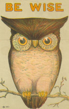 Front of owl "Be Wise" fold-out advertising postcard